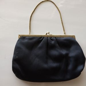 Black Satin Evening Bag Purse with Metal Chain Clutch Vintage Antique Fashion